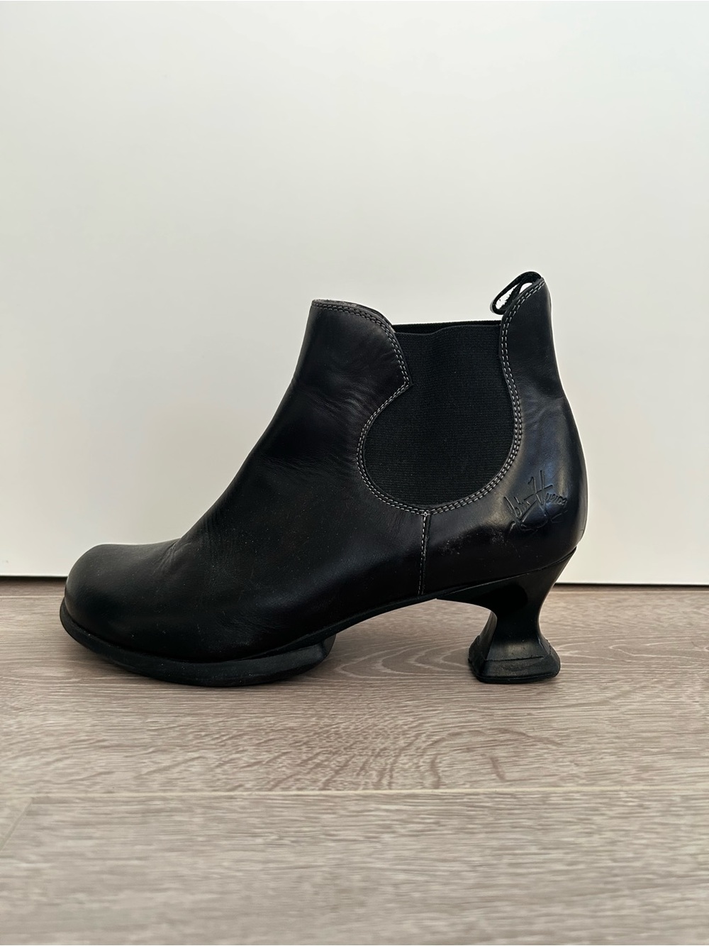 John Fluevog Black Leather Chelsea Booties with Sculpted Heel